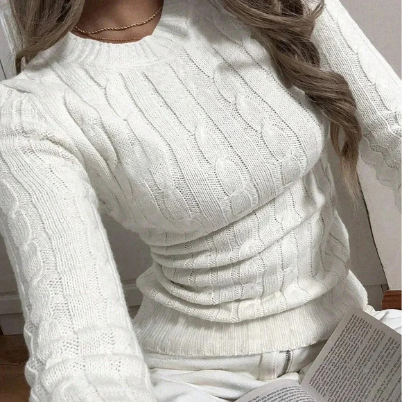 White Casual Women's Lightweight Cable Knit Long Sleeve Cropped Sweater - Picture 4 of 5